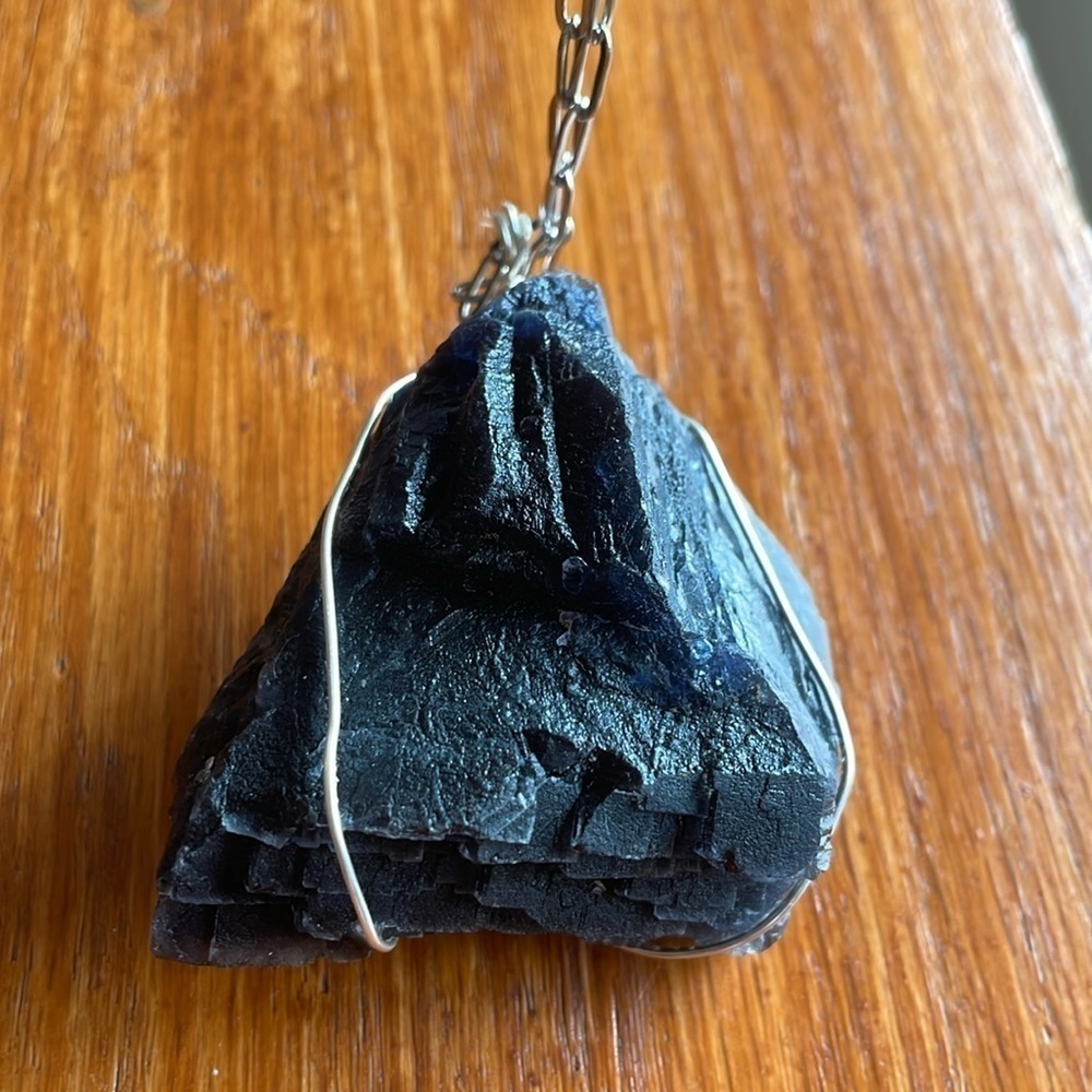 Rough raw genuine crystal necklace, amazing Xl black fluorite, very unique piece